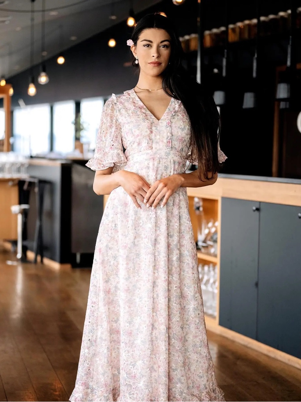 MAC DUGGAL Floral V Neck Chiffon Maxi Dress SAMPLE